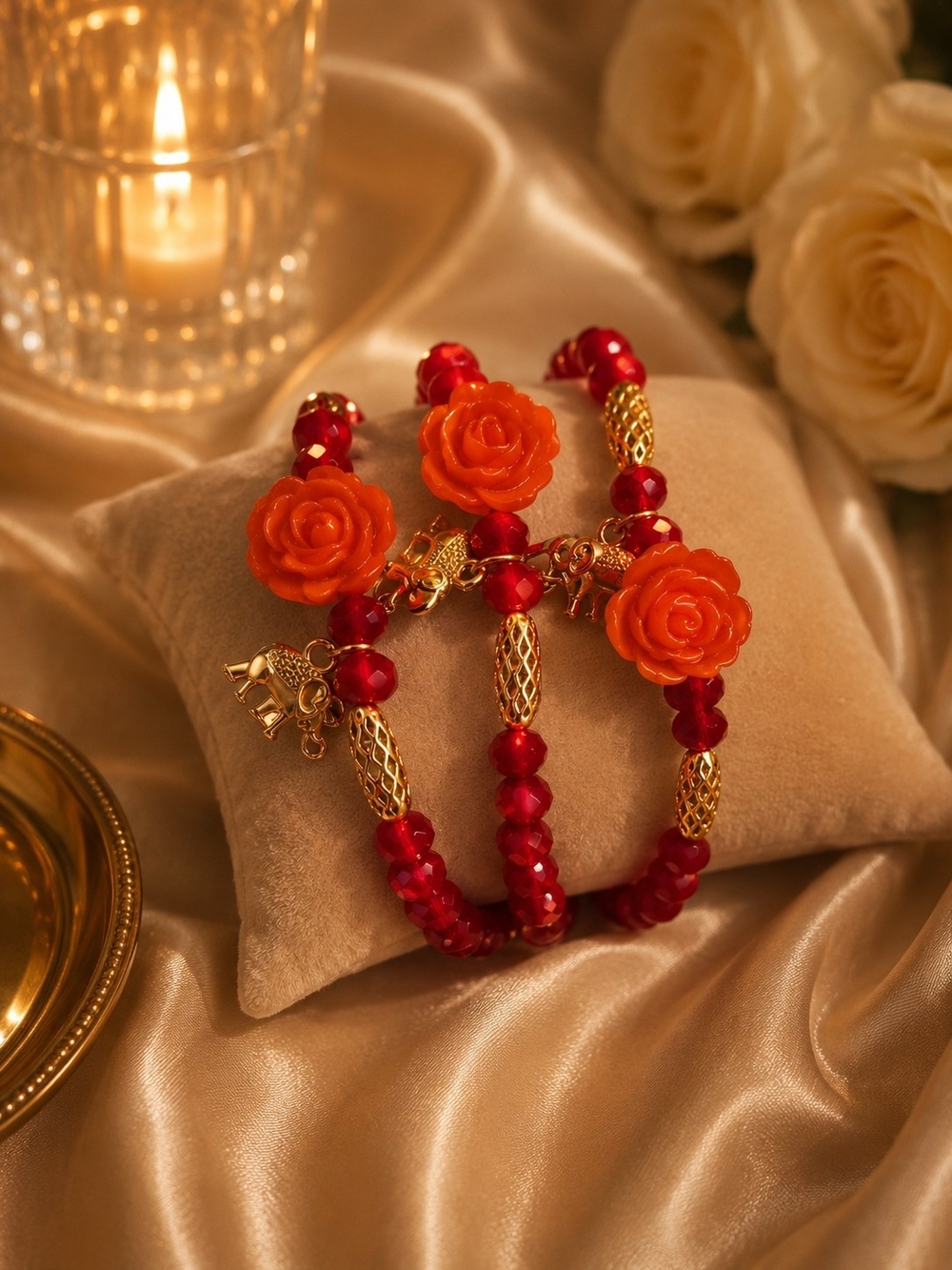 🍋 3 Glass Elegant Red and Orange Floral Beaded Bracelet Set